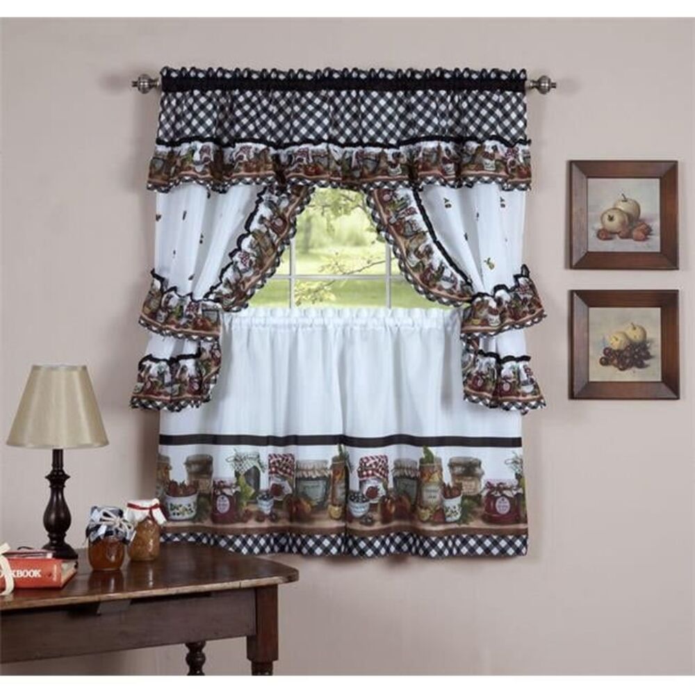 Mason Jars Set Tailored Topper With attached valance And tiebacks - Black, White